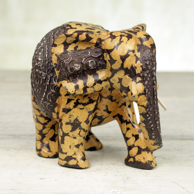 Wood statuette, 'Spotted Elphant' - Handcrafted Wood and Aluminum Elephant Statuette from Ghana