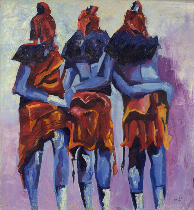 „Bündnisse der Götter“ (2016) – Signierte impressionistische Malerei von drei Figuren aus Ghana
