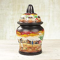 Wood decorative jar, 'Dear Village'