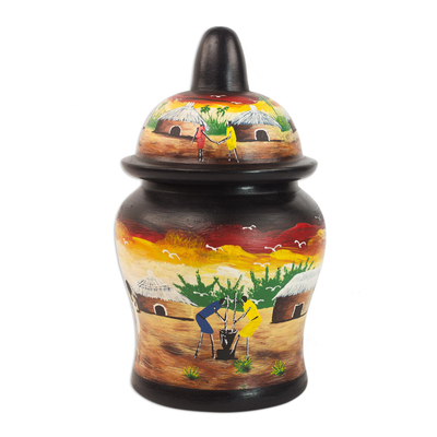 Hand-Painted Village Scene Wood Decorative Jar from Ghana