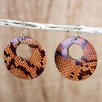 Wood dangle earrings, 'Anaconda' - Sese Wood Snakeskin Motif Dangle Earrings from Ghana