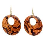 Wood dangle earrings, 'Anaconda' - Sese Wood Snakeskin Motif Dangle Earrings from Ghana