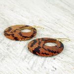 Wood dangle earrings, 'Anaconda' - Sese Wood Snakeskin Motif Dangle Earrings from Ghana
