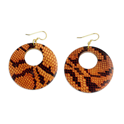 Wood dangle earrings, 'Anaconda' - Sese Wood Snakeskin Motif Dangle Earrings from Ghana