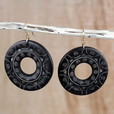 Wood dangle earrings, 'Beautiful Rings' - Handcrafted Round Sese Wood Dangle Earrings from Ghana