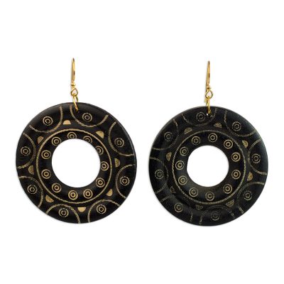 Wood dangle earrings, 'Beautiful Rings' - Handcrafted Round Sese Wood Dangle Earrings from Ghana