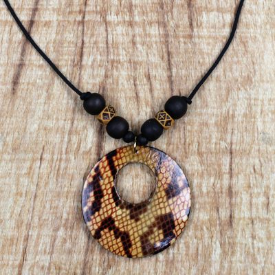 Wood pendant necklace, 'Anaconda' - Sese Wood Snakeskin Motif Pendant Necklace from Ghana