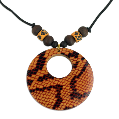 Wood pendant necklace, 'Anaconda' - Sese Wood Snakeskin Motif Pendant Necklace from Ghana