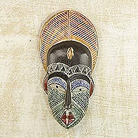 African wood mask, 'Peacock Man' - Handcrafted African Sese Wood and Aluminum Mask from Ghana