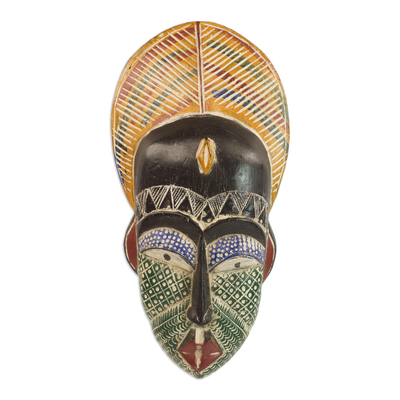 African wood mask, 'Peacock Man' - Handcrafted African Sese Wood and Aluminum Mask from Ghana