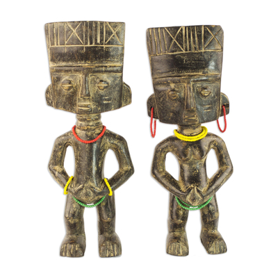 Pair of Wood and Recycled Glass Statuettes from Ghana