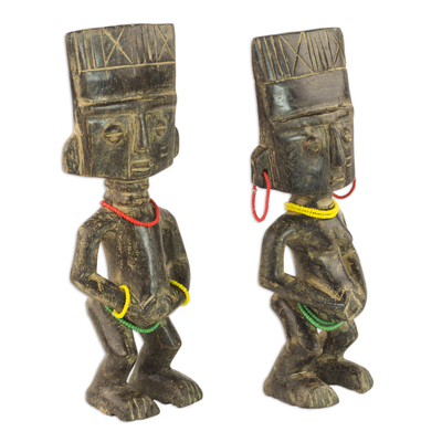Wood statuettes, 'Fertility Couple' (pair) - Pair of Wood and Recycled Glass Statuettes from Ghana