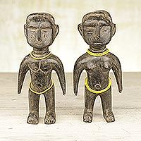 Wood figurines, 'Beaded Lovers' (pair) - Pair of Sese Wood and Recycled Glass Figurines from Ghana