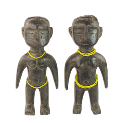 Pair of Sese Wood and Recycled Glass Figurines from Ghana