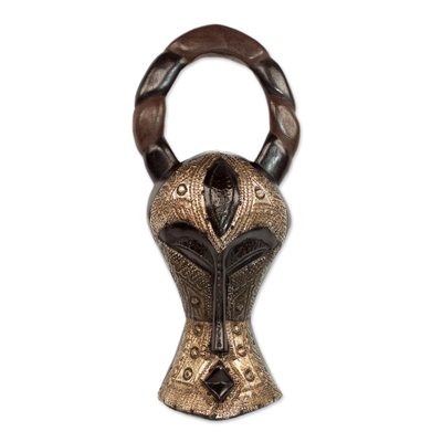 African wood mask, 'Boldly Shimmering' - Hand Crafted Sese Wood and Aluminum Wall Mask from Ghana