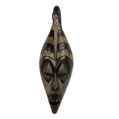 Máscara de madera africana, 'Back to My Roots' - Máscara de pared de madera negra tallada a mano con pájaro de Ghana