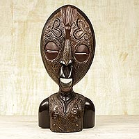 African wood mask, 'Lucky One' - Handcrafted Ghanaian Sese Wood and Aluminum Mask Sculpture