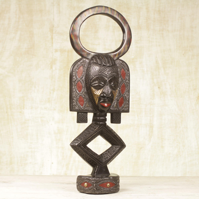African wood mask, 'Prosperous Ahonto' - African Sese Wood and Aluminum Mask on Stand from Ghana