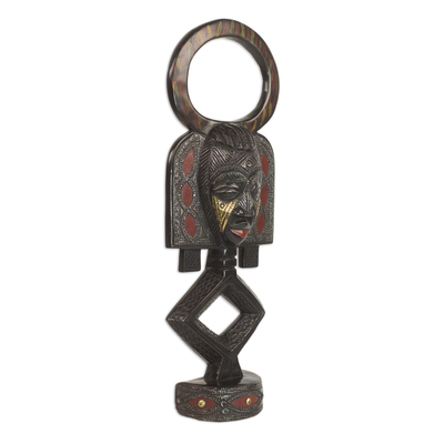 African wood mask, 'Prosperous Ahonto' - African Sese Wood and Aluminum Mask on Stand from Ghana
