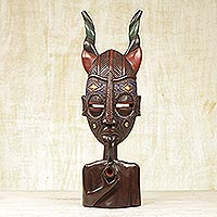 African wood mask, 'Horned Naab' - African Sese Wood Horned Mask on Stand from Ghana