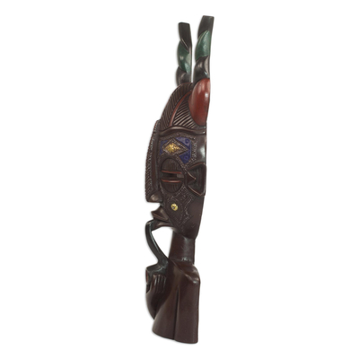 Máscara de madera africana - Máscara africana con cuernos de madera de Sese en soporte de Ghana
