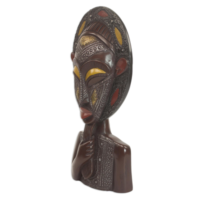 African wood and metal mask sculpture, 'Aburi Wisdom' - Wood and Metal African Mask of Thoughtful Bearded Man