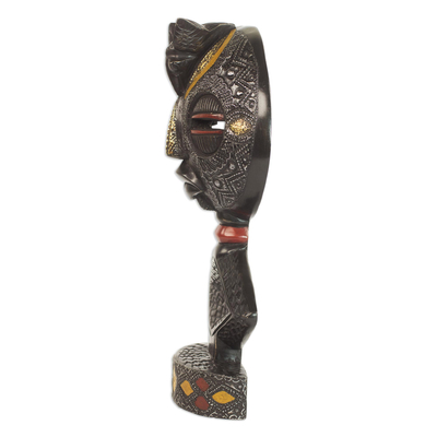African wood mask, 'Naab Poak Royalty' - Handcrafted African Sese Wood Mask on a Stand from Ghana