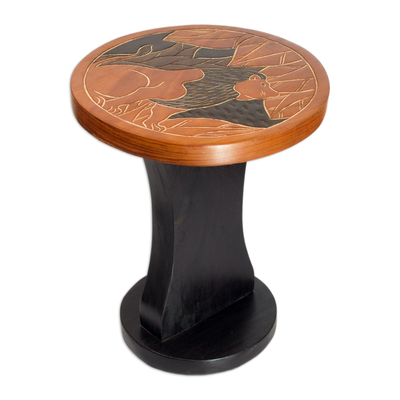 Handmade Wood Accent Table with a Lion from Ghana