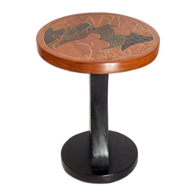 Wood accent table, 'The Lion Guard' - Handmade Wood Accent Table with a Lion from Ghana