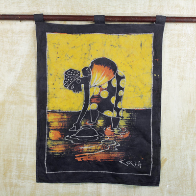 Batik wall hanging, 'Woman at the Lake' - Batik Cotton Wall Hanging of a Woman from Ghana