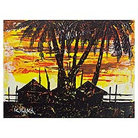 'Puesta de sol II' - Pintura impresionista firmada de casas de pueblo de Ghana
