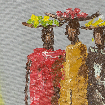 'Fruit Sellers' - Signed Expressionist Painting of Three Women from Ghana