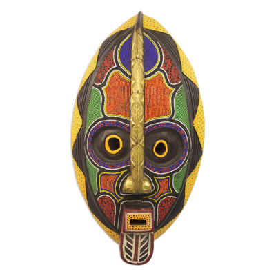 African beaded wood mask, 'Spirit Colors' - Recycled Glass Beaded African Rubberwood Mask from Ghana