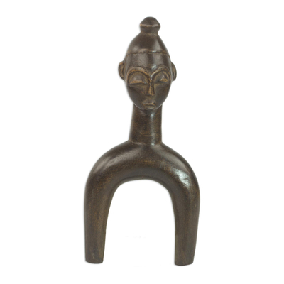 Wood decorative slingshot, 'Baule Fighter' - Sese Wood Cultural Decorative Slingshot from Ghana