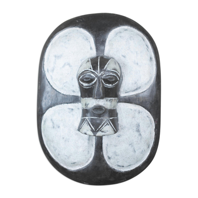 African wood mask, 'Monochrome Shield' - Black and White Hand Carved Sese Wood Guro Shield Mask