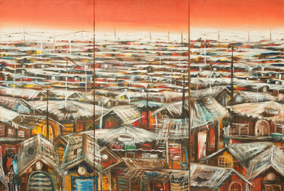 'Slum' (triptych) - Triptych Impressionist Paintings of a Village from Ghana