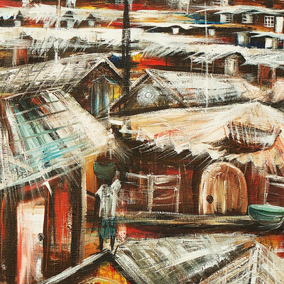 'Slum' (triptych) - Triptych Impressionist Paintings of a Village from Ghana