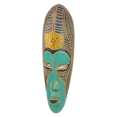 African wood mask, 'Blue Akoni' - Hand Carved Rubberwood Blue Akoni Warrior Mask from Ghana