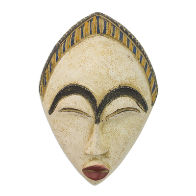 African wood mask, 'White Adesewa' - Artisan Hand Carved Sese Wood White Adesewa Beauty Mask