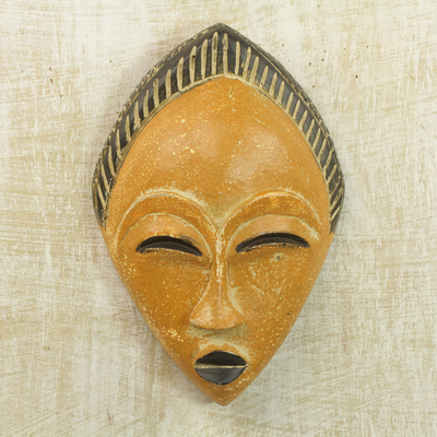 African wood mask, 'Orange Adesewa' - Orange and Black Hand Carved Sese Wood Adesewa Mask