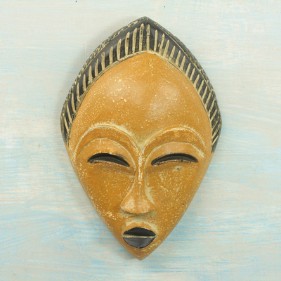 African wood mask, 'Orange Adesewa' - Orange and Black Hand Carved Sese Wood Adesewa Mask