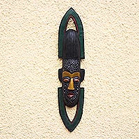 African wood mask, 'North and South' - Hand Carved African Sese Wood and Aluminum Mask from Ghana