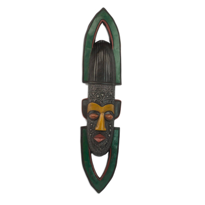 African wood mask, 'North and South' - Hand Carved African Sese Wood and Aluminum Mask from Ghana