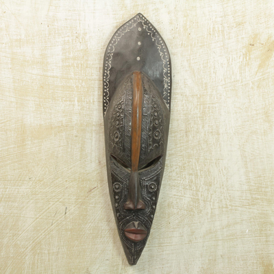 African wood mask, 'Akan Adornment' - Hand Carved Sese Wood and Aluminum African Mask from Ghana
