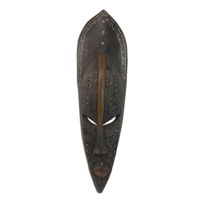 African wood mask, 'Akan Adornment' - Hand Carved Sese Wood and Aluminum African Mask from Ghana