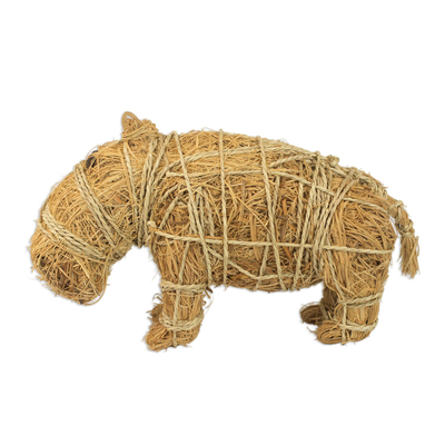 Rattan and raffia sculpture, 'Natural Hippo' - Handcrafted Natural Fiber Hippo Sculpture from Ghana