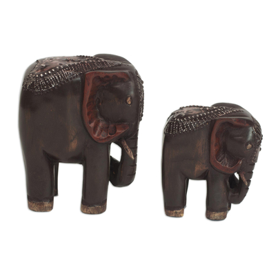 Two Sese Wood Brown Elephant Statuettes from Ghana