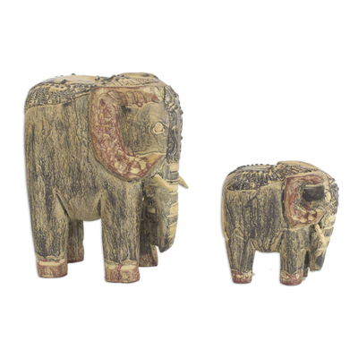 Wood statuettes, 'Tweben Me Elephants' - Two Sese Wood Antiqued Elephant Statuettes from Ghana