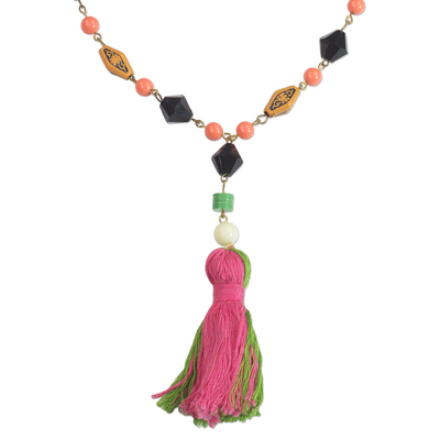 Cotton and recycled plastic pendant necklace, 'Caretaker' - Cotton and Recycled Plastic Pendant Necklace from Ghana