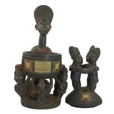 Dekoratives Holzgefäß, 'Olowe Tribute' - Handgeschnitzte Sese Holz Replik dekorativer Krug aus Ghana